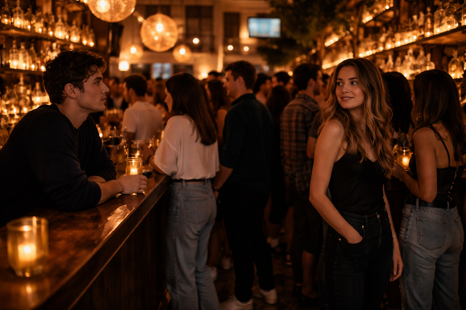 Two people enjoying a confident first meeting at a venue